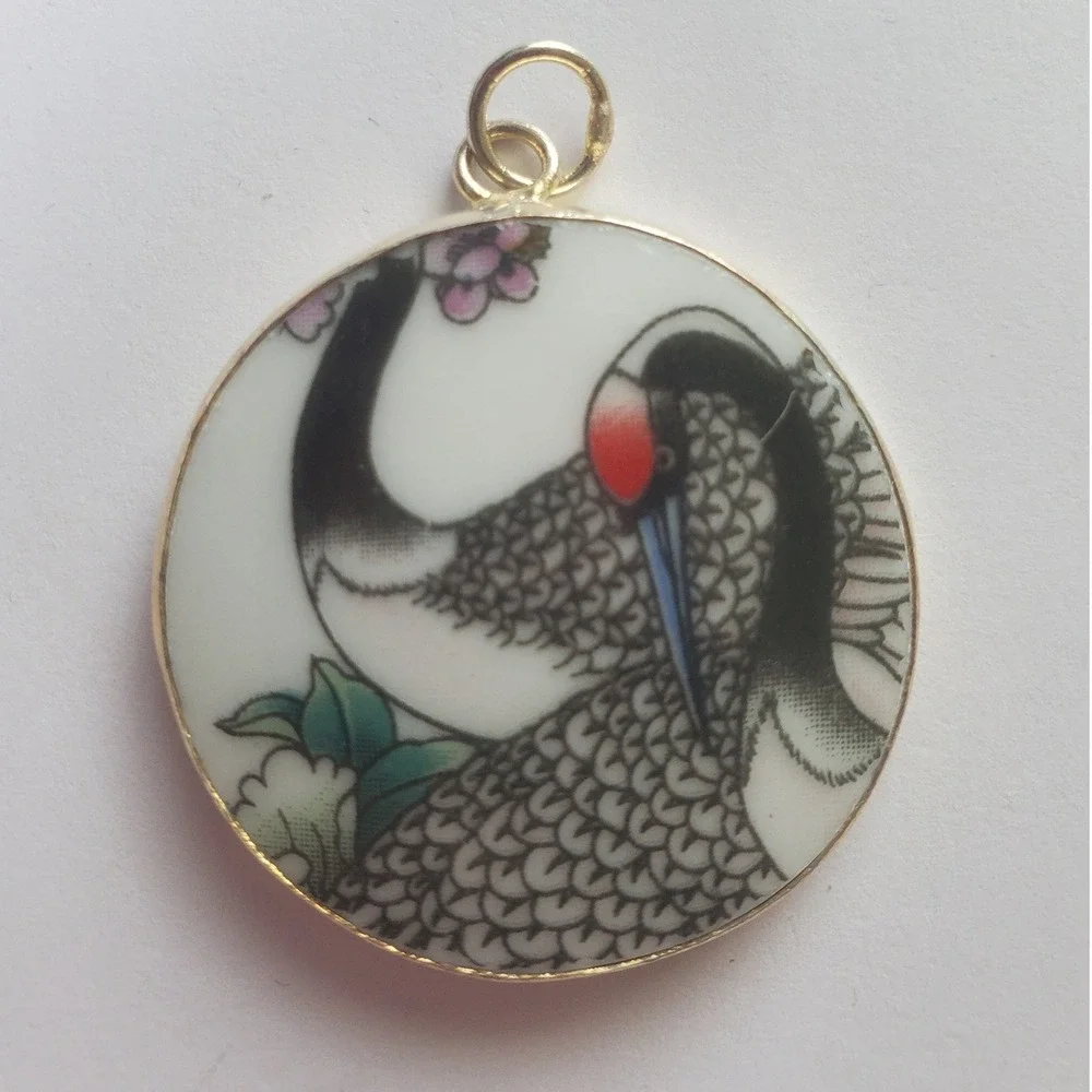 Red Crowned Japanese Crane Vintage Bird Transferware China Pottery Shard Pendant